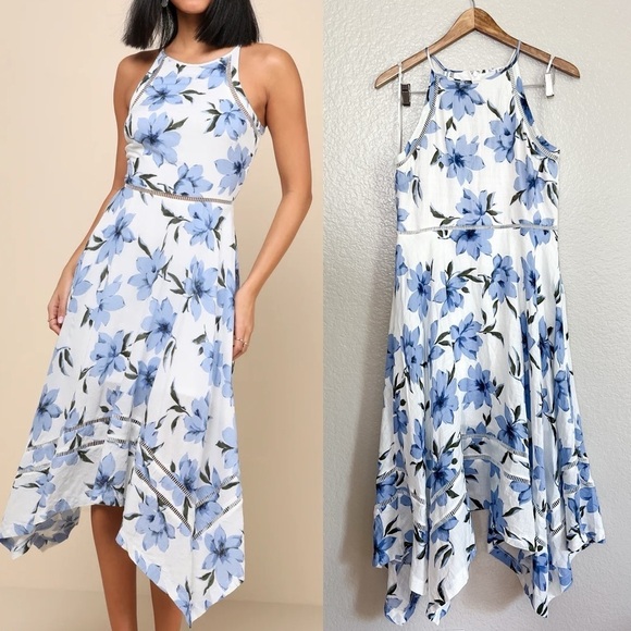 Zahara Blue and White Floral Print Midi Dress - Picture 1 of 10